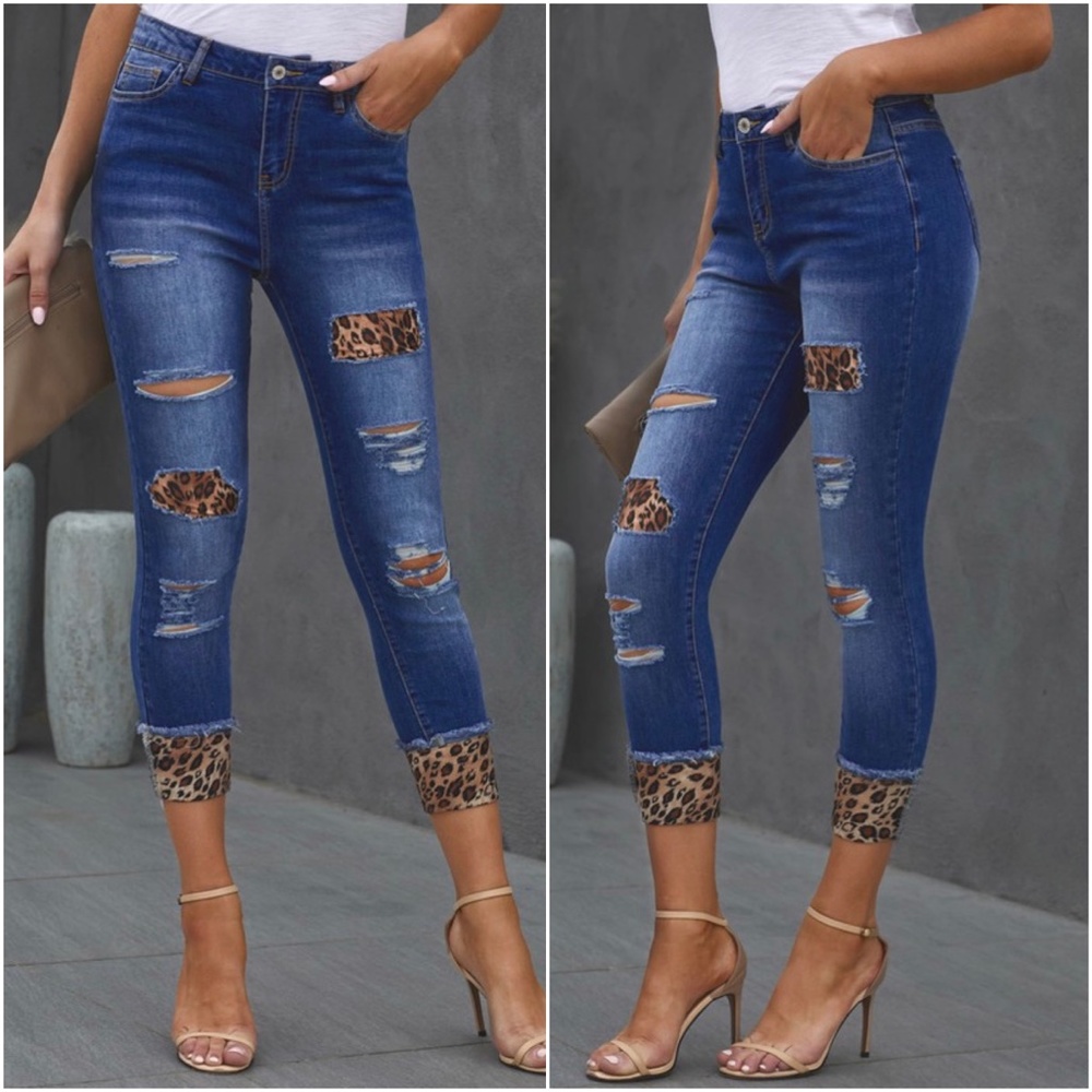 Distressed Dark Wash Leopard Print Capri Skinny Jeans